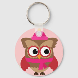 Rosa Uggla med Rosa Scarf Button Keychain Nyckelring