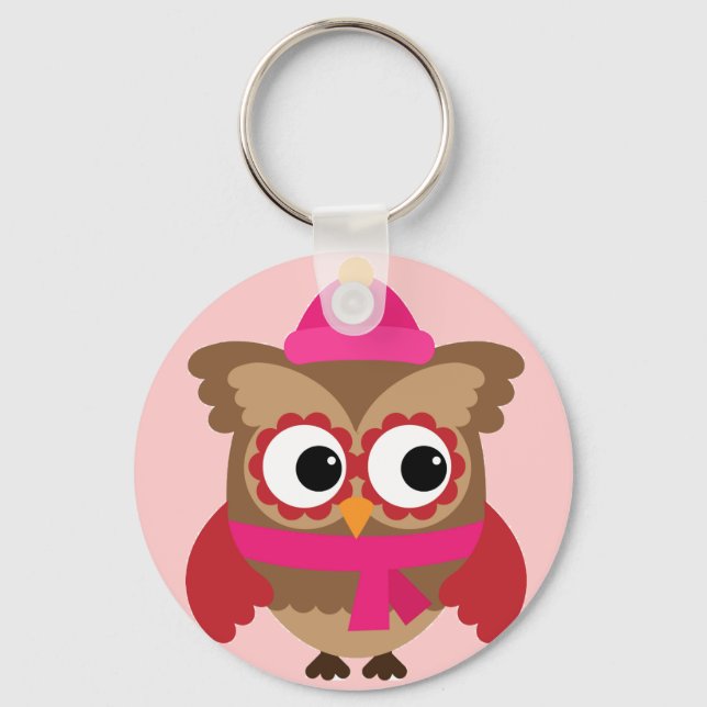 Rosa Uggla med Rosa Scarf Button Keychain Nyckelring (Framsida)