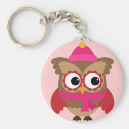 Rosa Uggla med Rosa Scarf Button Keychain Nyckelring