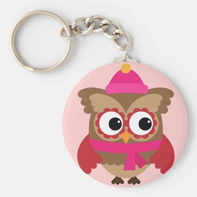 Rosa Uggla med Rosa Scarf Button Keychain Nyckelring (Framsidan)