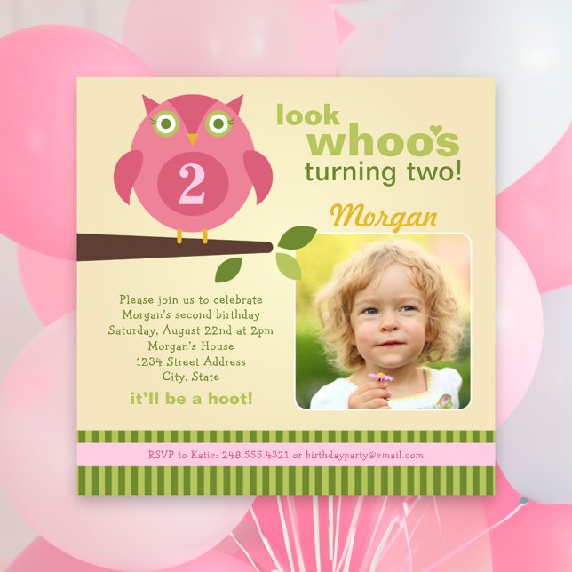 Rosa Uggla Modern Woodland Birthday Girl Party Inbjudningar (Skapare uppladdad)