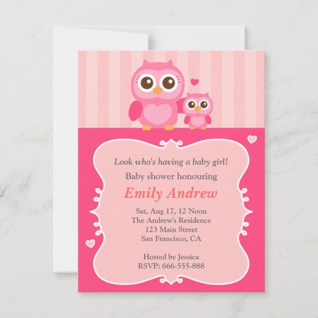 Rosa ugglor baby shower, mamma och barn inbjudningar (Framsida)