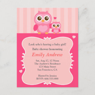 Rosa ugglor baby shower, mamma och barn inbjudningar
