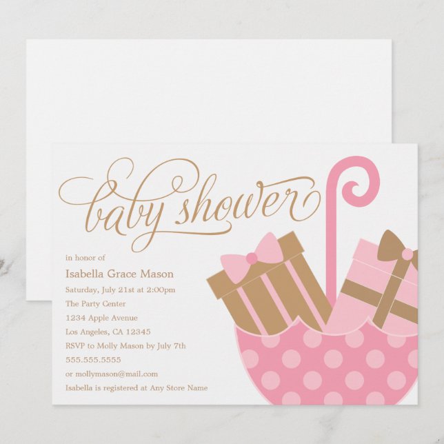 Rosa Umbrella | Baby Shower Inbjudan (Fram/baksida)