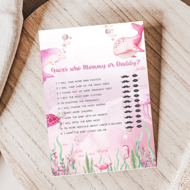 Rosa Under havet Baby Shower Gissa vem spel (Under the Sea Baby Shower Game)