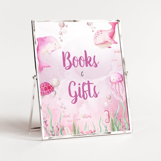 Rosa Under havet Dusch Böcker och Gåvor Skylt (Under the Sea Baby Shower Sign)