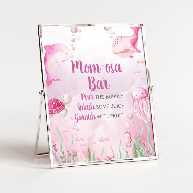Rosa Under havet Dusch Mom Osa Barskylt Poster (Under the Sea Baby Shower Sign)