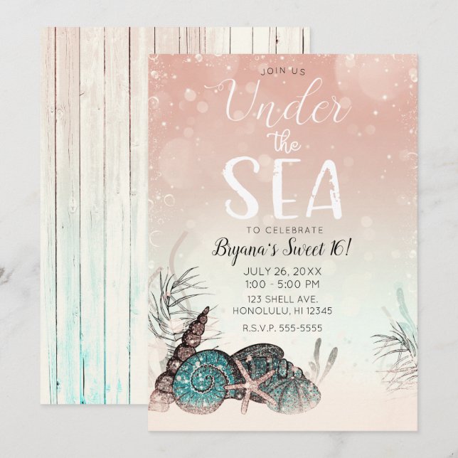 Rosa Under havsskal Strand Sweet 16-fest Inbjudningar (Fram/baksida)
