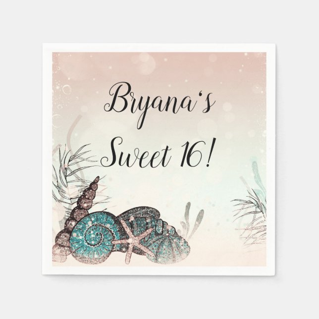 Rosa Under the Sea Shells Beach Sweet 16-fest Pappersservett (Framsidan)