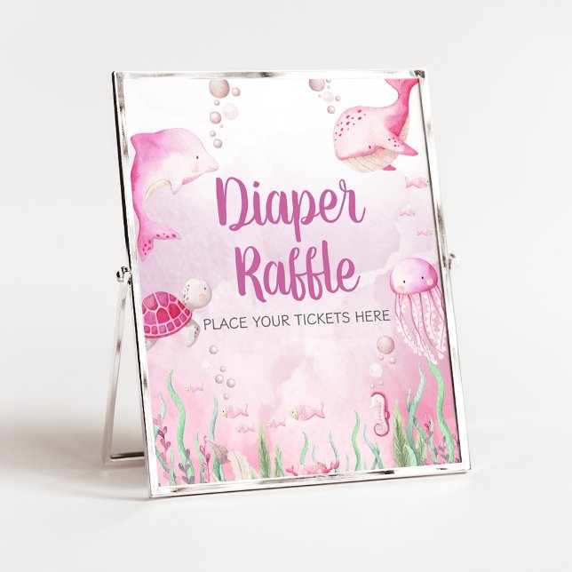 Rosa undervattens-baby shower blöja-raggningsskylt poster (Under the Sea Baby Shower Sign)