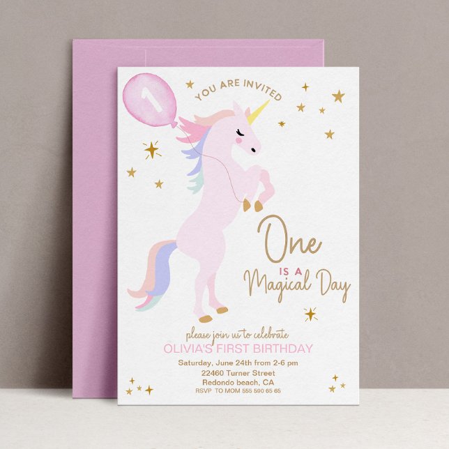 Rosa Unicorn 1:a födelsedagsinbjudan Inbjudningar (Skapare uppladdad)