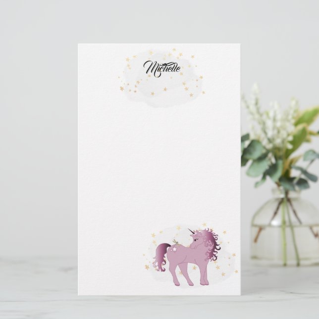 Rosa Unicorn and Stars Stationery Brevpapper (Stående Fram)