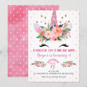 Rosa Unicorn Ansikte Blommigt Birthday-inbjudan Inbjudningar