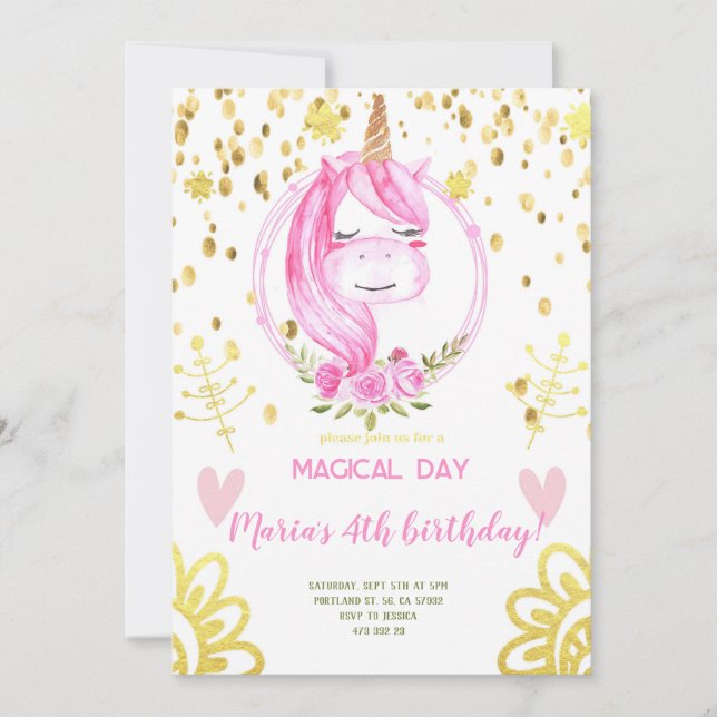 Rosa Unicorn ansikte Guld Confetti Girl Birthday Inbjudningar (Framsida)