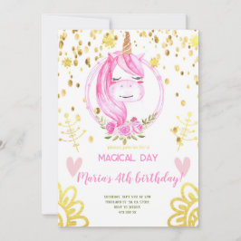 Rosa Unicorn ansikte Guld Confetti Girl Birthday Inbjudningar