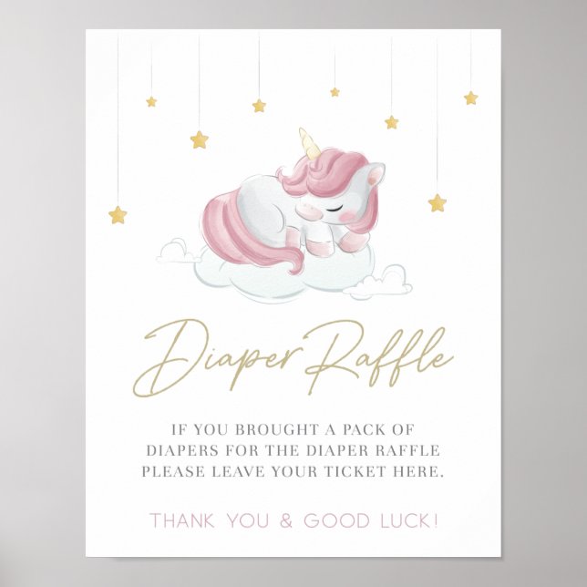 Rosa Unicorn Baby Shower Diaper Raffle Sign Poster (Framsidan)