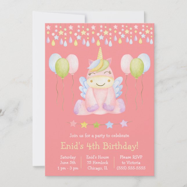Rosa Unicorn, Balloons and Banner Födelsedagsfest Inbjudningar (Framsida)