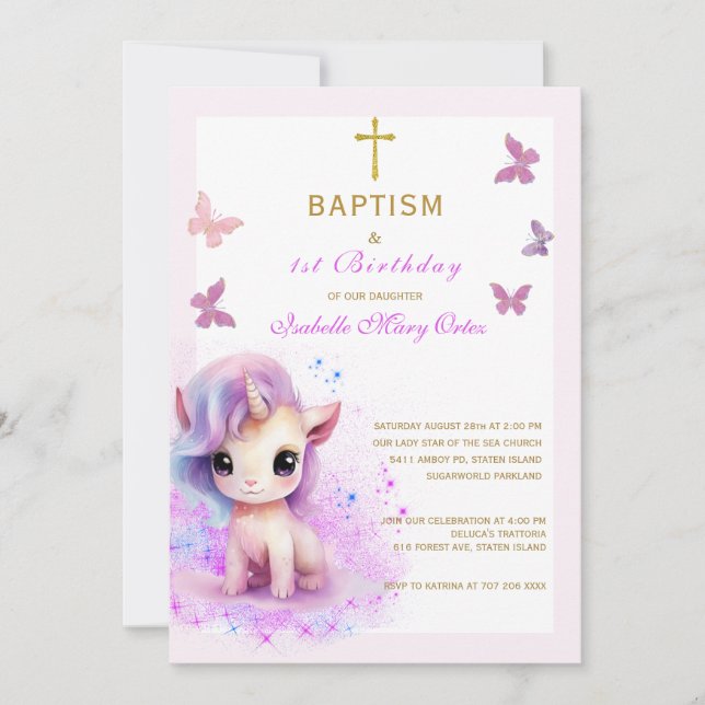 Rosa Unicorn Baptism Första födelsedagsinbjudan Inbjudningar (Framsida)