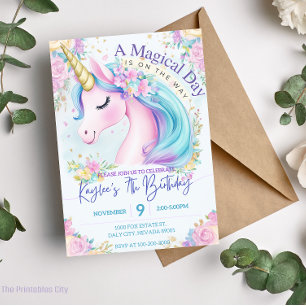 Rosa Unicorn Birthday Guld Regnbågsinbjudan Inbjudningar