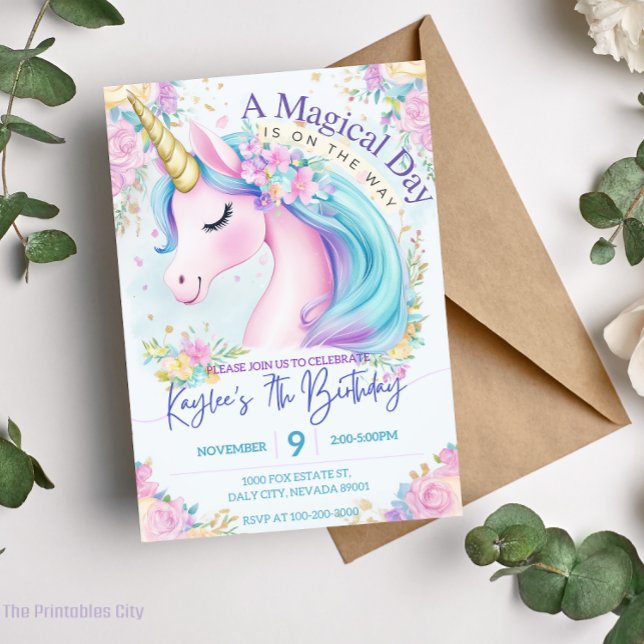 Rosa Unicorn Birthday Guld Regnbågsinbjudan Inbjudningar (Skapare uppladdad)