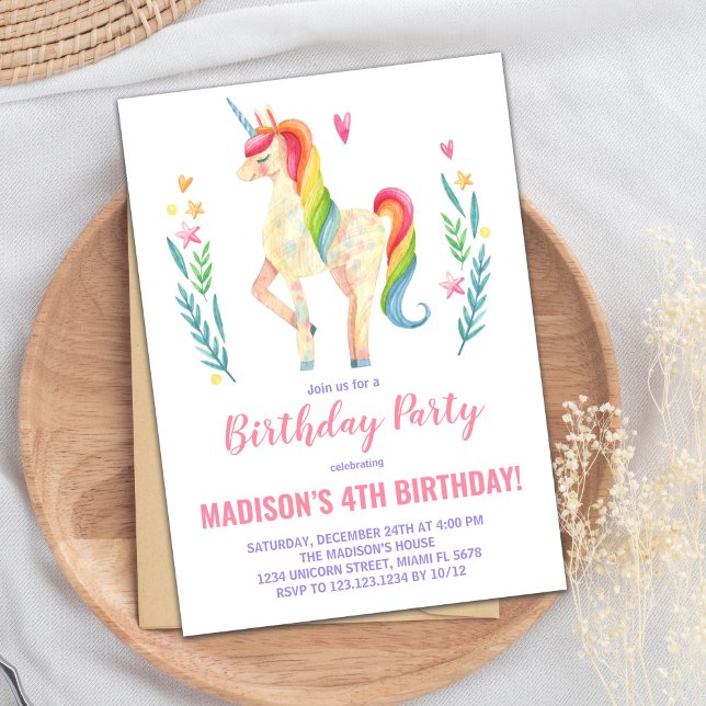 Rosa Unicorn Birthday-inbjudningar Inbjudningar (Pink Unicorn Birthday Invitations)