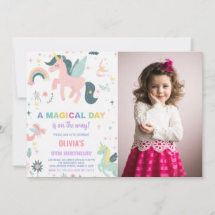 Rosa Unicorn Birthday-inbjudningar med foto Inbjudningar