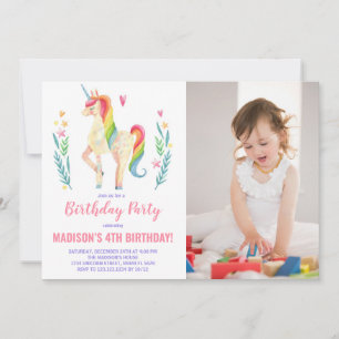 Rosa Unicorn Birthday-inbjudningar med foto Inbjudningar