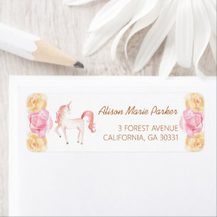 Rosa Unicorn Blommigt Baby Shower Returadress Etikett