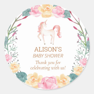 Rosa Unicorn Blommigt Greenery Baby Shower Tack Runt Klistermärke