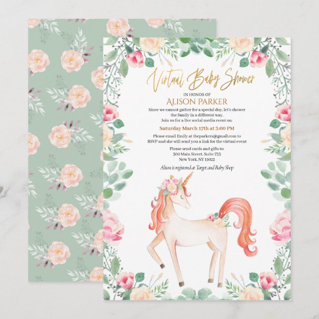 Rosa Unicorn Blommigt Greenery Virtuell Baby Showe Inbjudningar (Fram/baksida)
