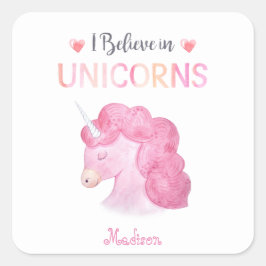 Rosa Unicorn Butterflies Girly Cute Personlig Fyrkantigt Klistermärke