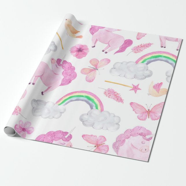 Rosa Unicorn Butterflies Girly Cute Presentpapper (Utrullad)