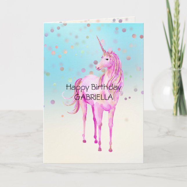 Rosa Unicorn Confetti Personlig Namn Kort (Framsida)