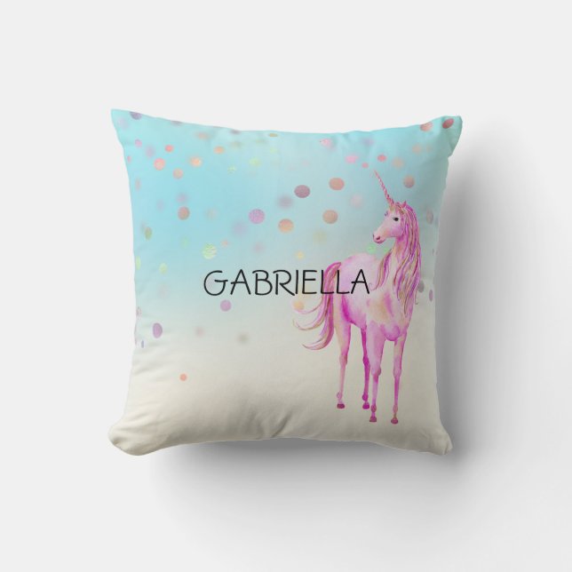 Rosa Unicorn Confetti Personlig Namn Kudde (Framsida)