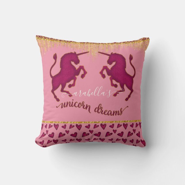 Rosa Unicorn Dreams w Hearts Guld Glitter Namn Kudde (Framsida)