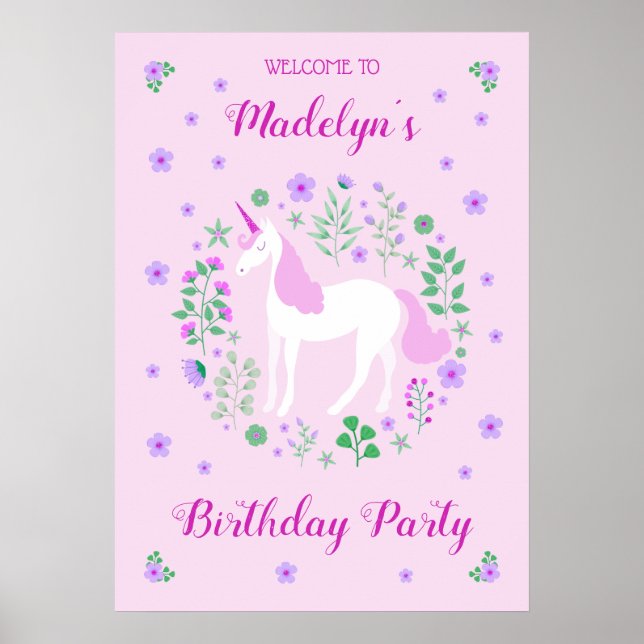 Rosa Unicorn Faux Rosa Glitter födelsedag Poster (Framsidan)