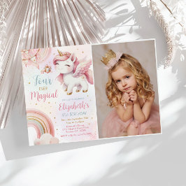 Rosa Unicorn Fyra gånger Magic Birthday Photo Inbjudningar
