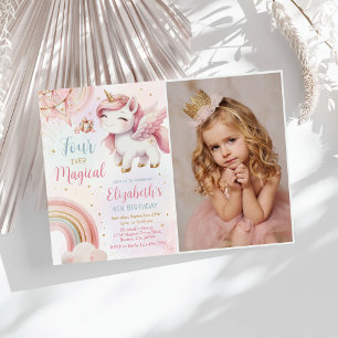 Rosa Unicorn Fyra gånger Magic Birthday Photo Inbjudningar