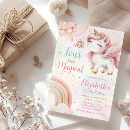 Rosa Unicorn Fyra gånger magiska födelsedag Inbjudningar