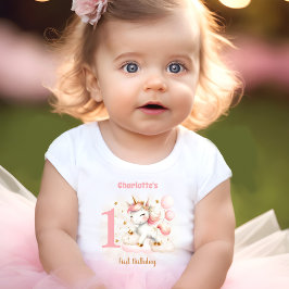 Rosa Unicorn Girl 1st Birthday Namn Baby T-Shirt