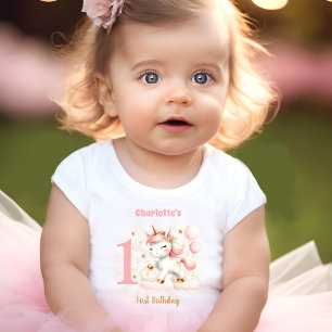 Rosa Unicorn Girl 1st Birthday Namn Baby T-Shirt