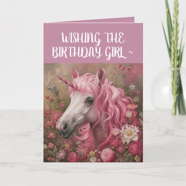 ROSA UNICORN GIRL BIRTHDAY CARD TACK KORT (Framsida)