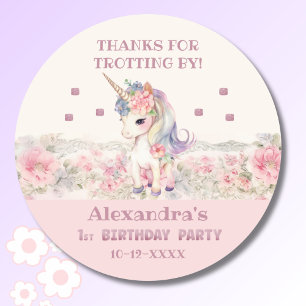 Rosa Unicorn Girl's 1st Birthday Tack Runt Klistermärke