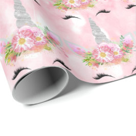 Rosa Unicorn Glitter Blommigt Grått Spark Silver R Presentpapper