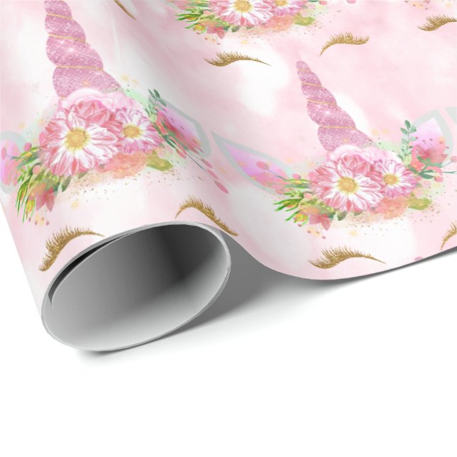 Rosa Unicorn Glitter Blommigt Guld Mint Sweet 16:e Presentpapper (Rullad Hörn)