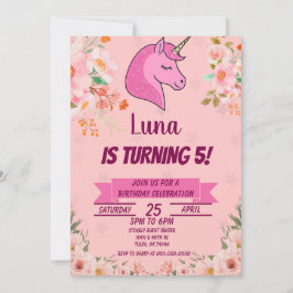 Rosa Unicorn Glitter Confetti Födelsedagsfest Inbjudningar