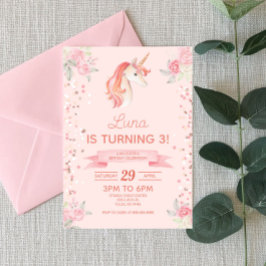 Rosa Unicorn Glitter Confetti Födelsedagsfest Inbjudningar