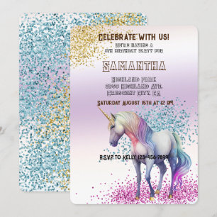 Rosa Unicorn Glitter i Aqua Guld Inbjudningar