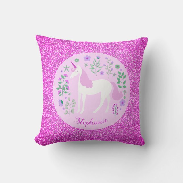 Rosa Unicorn Glitter Personlig Namn Kudde (Framsida)