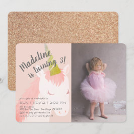 Rosa Unicorn Glitter Photo Birthday-inbjudan Inbjudningar